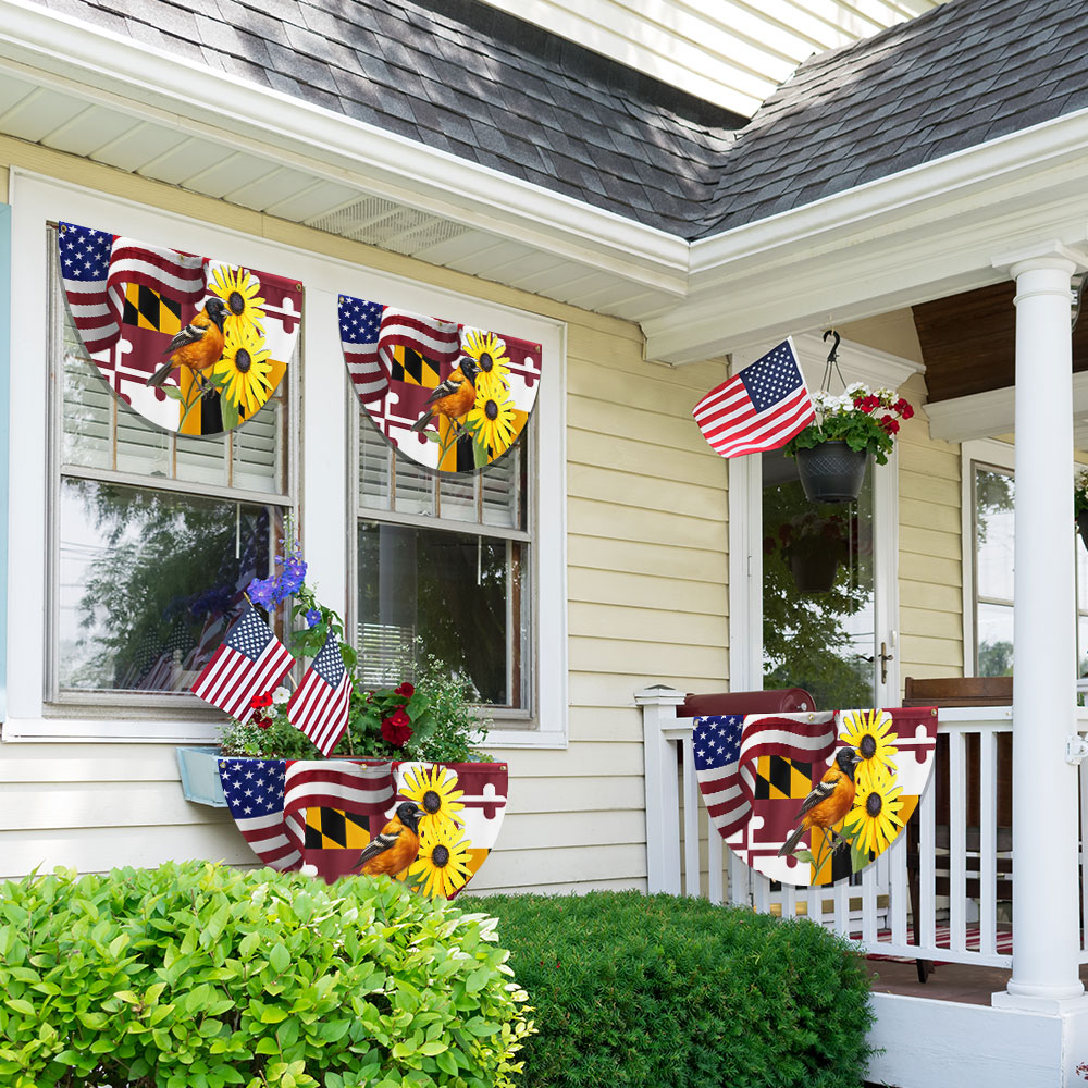 Maryland Black-eyed Susan Flower and Baltimore Oriole Bird Non-Pleated Fan Flag
