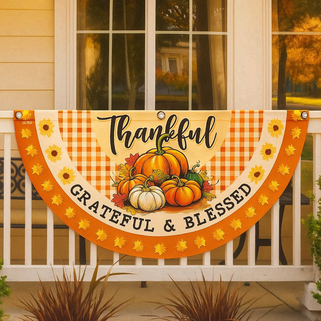 Fall Thanksgiving Pumpkins Harvest Thankful Grateful &amp; Blessed Non-Pleated Fan Flag