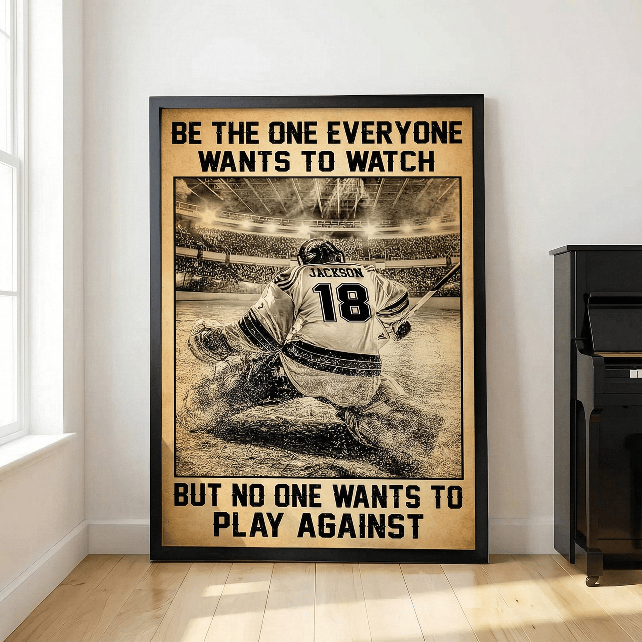 Framed poster of a baseball player with motivational quote in a room.