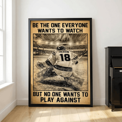 Framed poster of a baseball player with motivational quote in a room.