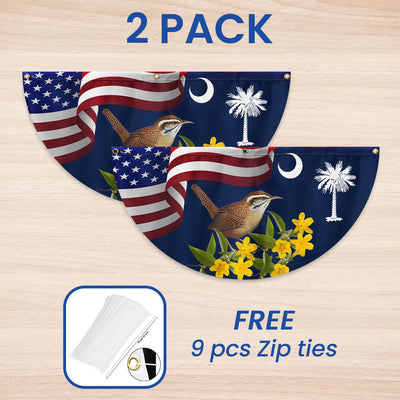 South Carolina Yellow Jessamine Flower and Carolina Wren Bird Non-Pleated Fan Flag 3-Day Shipping