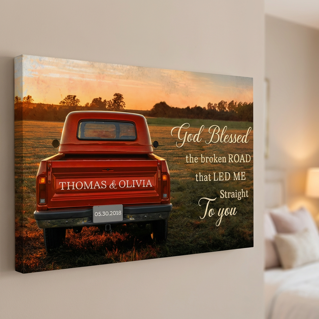 Canvas print with a red truck in a field, sunset, and personalized text on a wall.