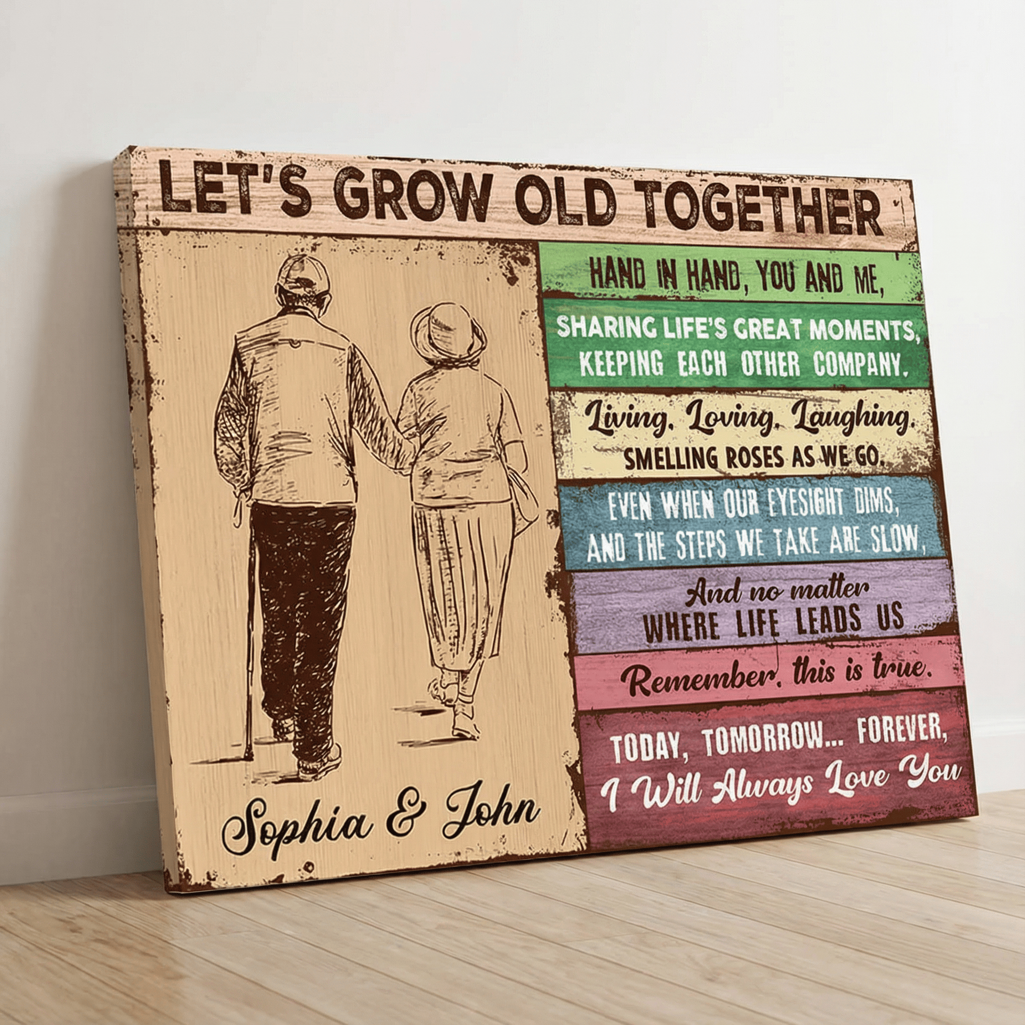 Decorative wall art with a couple walking and text 'Let's Grow Old Together' on a wooden background.