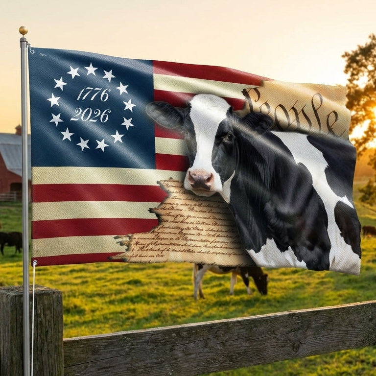 250 Years Dairy Cow 1776 2026 American Grommet Flag, We The People Patriotic Cow Farm Flag Decor
