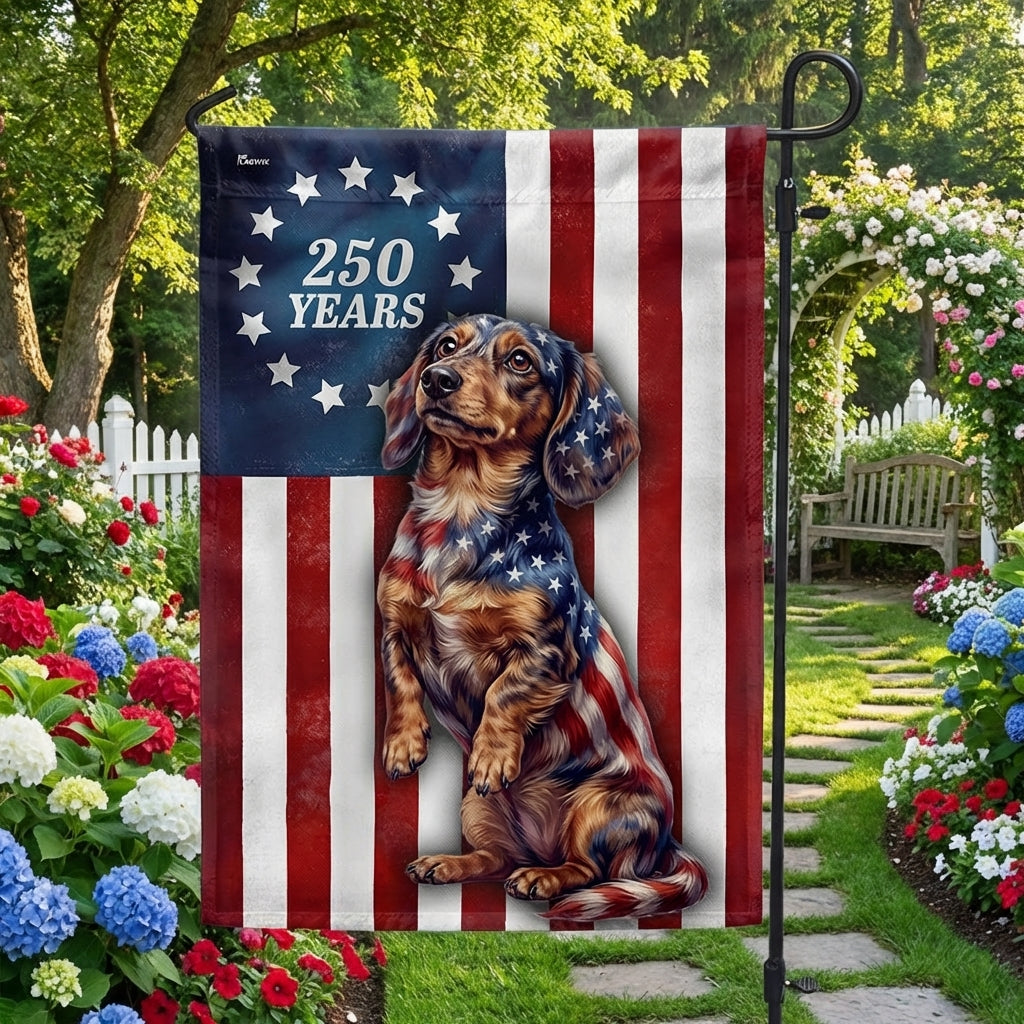 Patriotic American Dog Garden Flag, 250 Years Dachshund Dog Flag Decor
