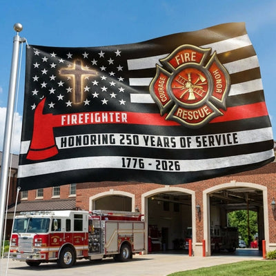 Patriotic Firefighter Cross Grommet Flag, Honoring 250 Years American Flag