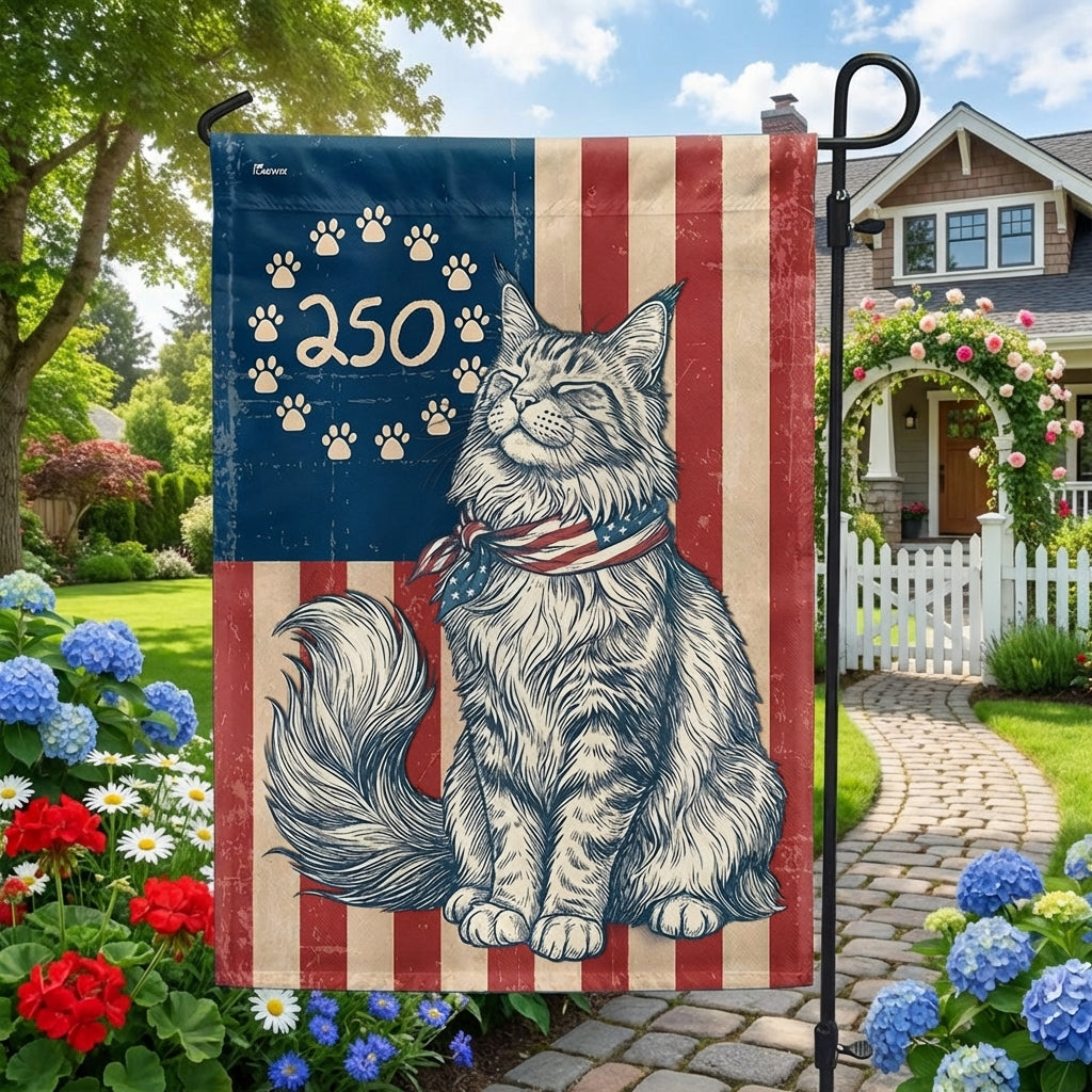 Patriotic Maine Coon Cat Garden Flag - 250th Anniversary Patriotic Paw Prints Betsy Ross Flag Decor