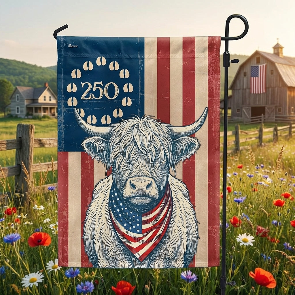 Patriotic Highland Cow Garden Flag - 250th Anniversary Cow Farmer Prints Betsy Ros Flag Decor