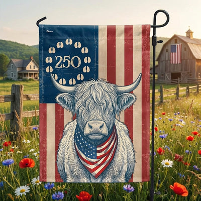 Patriotic Highland Cow Garden Flag - 250th Anniversary Cow Farmer Prints Betsy Ros Flag Decor