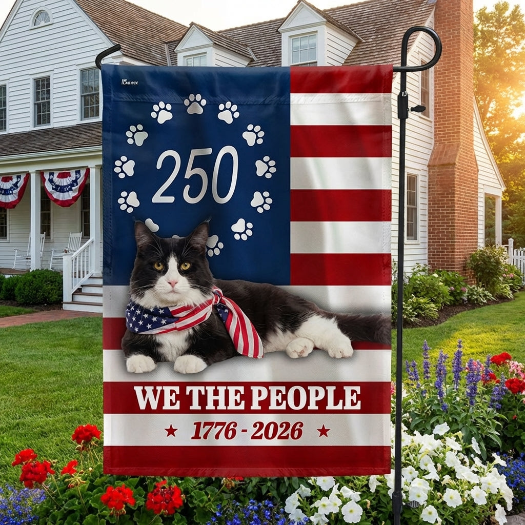 Patriotic American Cat Garden Flag, 250 Years We The People 1776 2026 Flag Decor