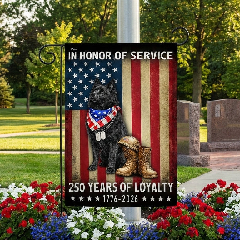 250 Years Patriotic Dog American Garden Flag, US Veteran Schipperke Dog Flag