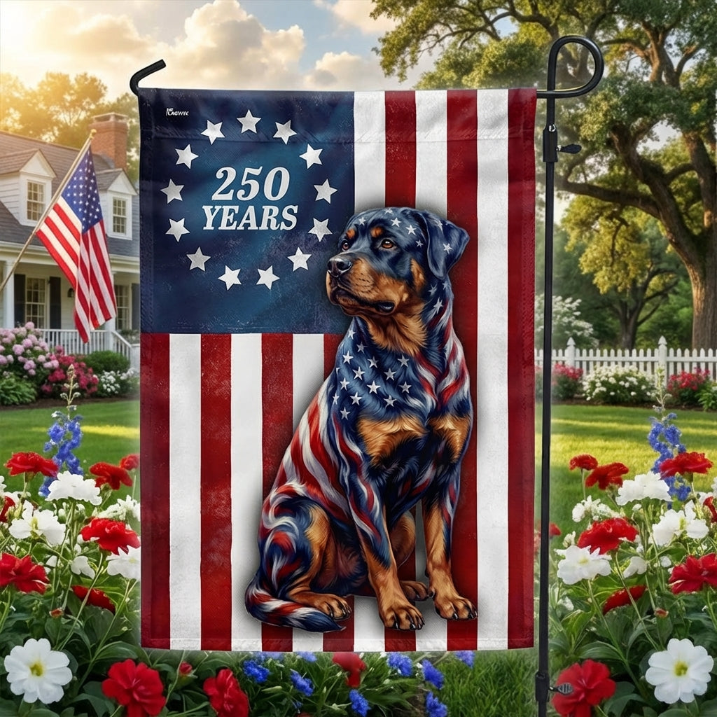 250 Years American Dog Garden Flag, Patriotic Rottweiler Betsy Ross Flag Decor