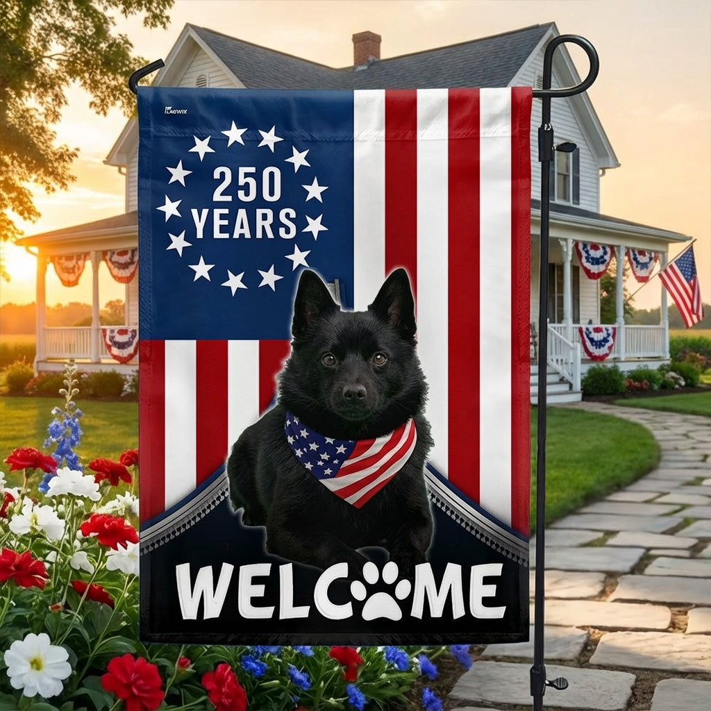 Patriotic Welcome Dog Garden Flag, 250 Years Schipperke 1776 2026 Flag Decor
