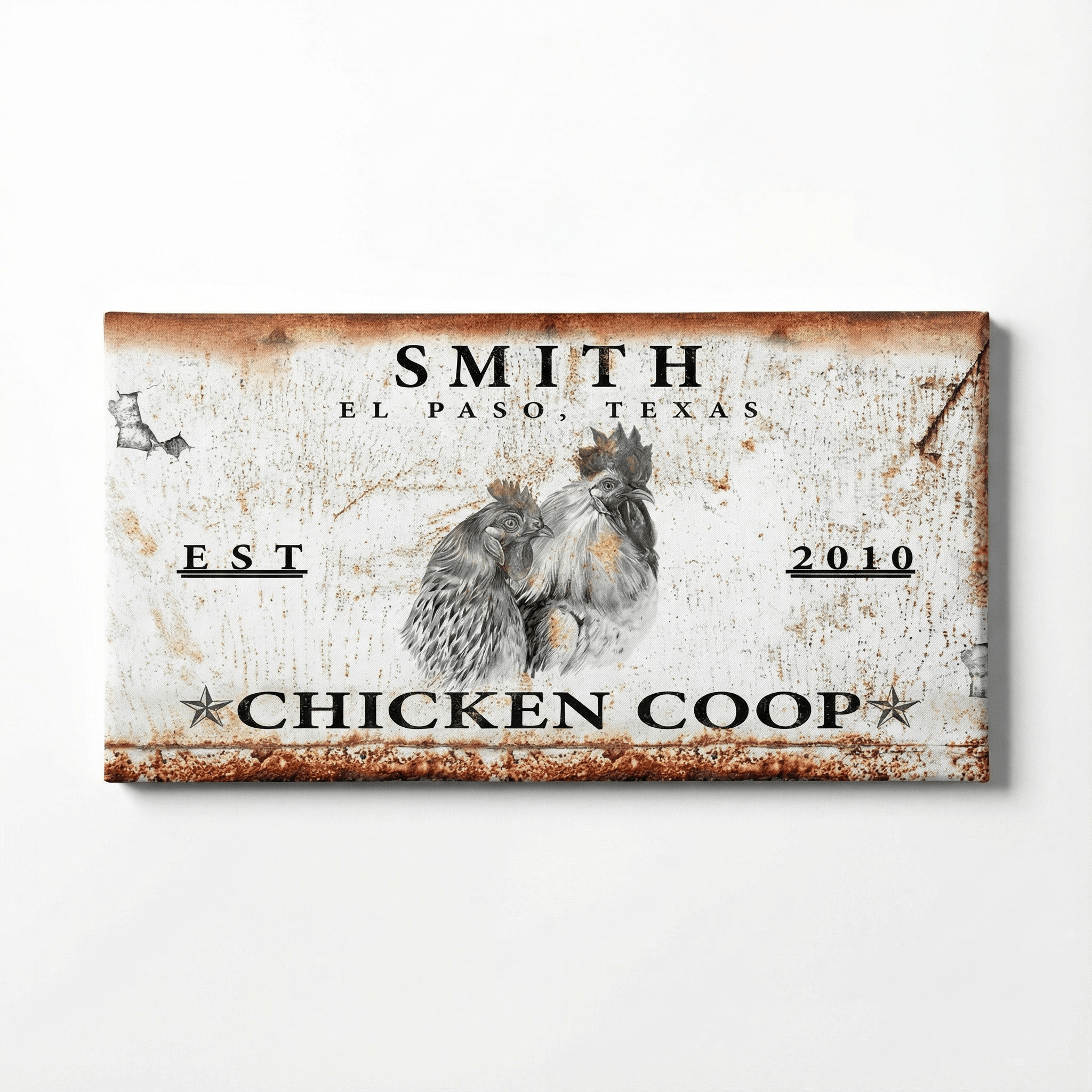Decorative sign for a chicken coop with rooster illustration and text on a white background