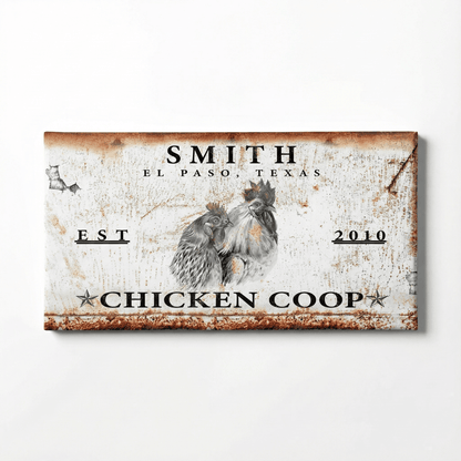 Decorative sign for a chicken coop with rooster illustration and text on a white background