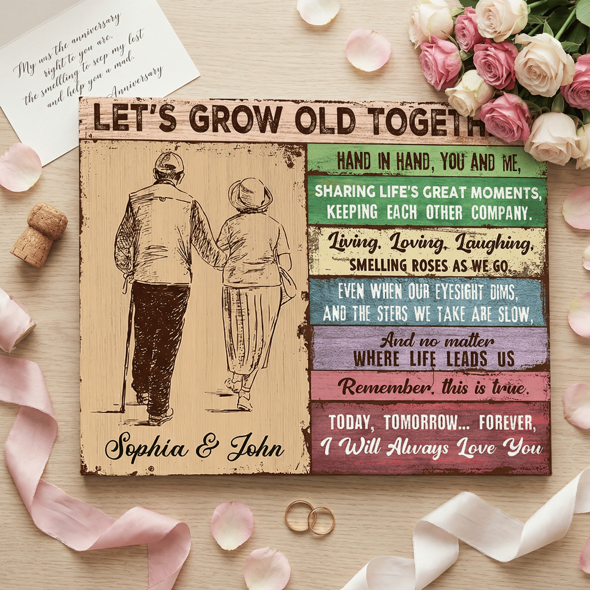 Wooden plaque with couple illustration and romantic text on a wooden surface with flowers and ribbons.