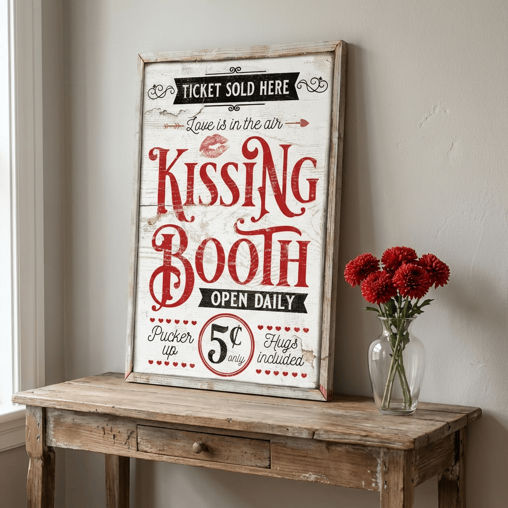 Framed sign for a kissing booth on a wooden table with red flowers.