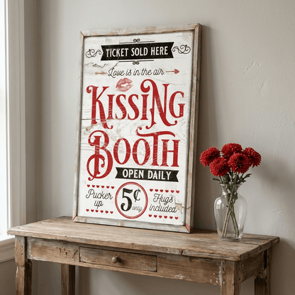 Framed sign for a kissing booth on a wooden table with red flowers.