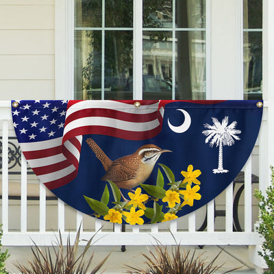 South Carolina Yellow Jessamine Flower and Carolina Wren Bird Non-Pleated Fan Flag