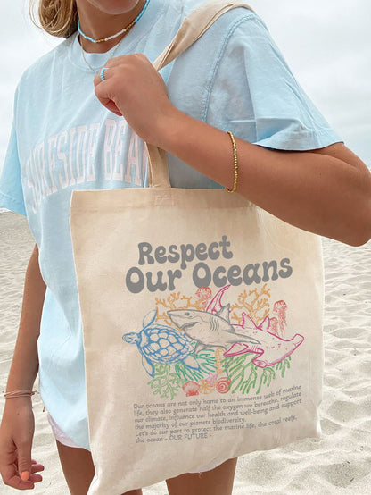 Respect the Oceans Cotton Canvas Tote Bag (15x16) – Beach - Image 2