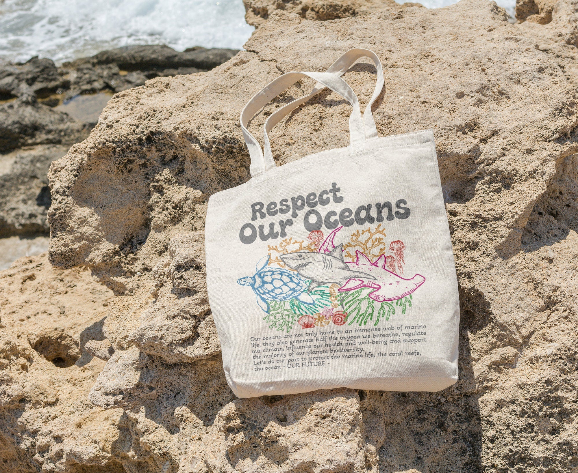 Respect the Oceans Cotton Canvas Tote Bag (15x16) – Beach - Image 3