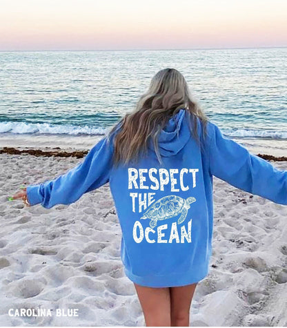 Respect the Ocean Hoodie – Carolina Blue Surf Turtle - Image 2