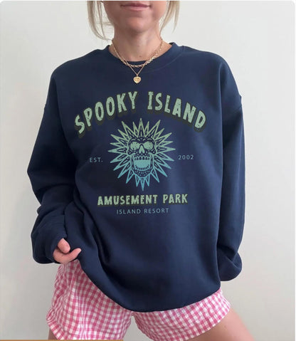 Spooky Island Crewneck Sweatshirt – Retro Halloween Disco Skull - Image 2