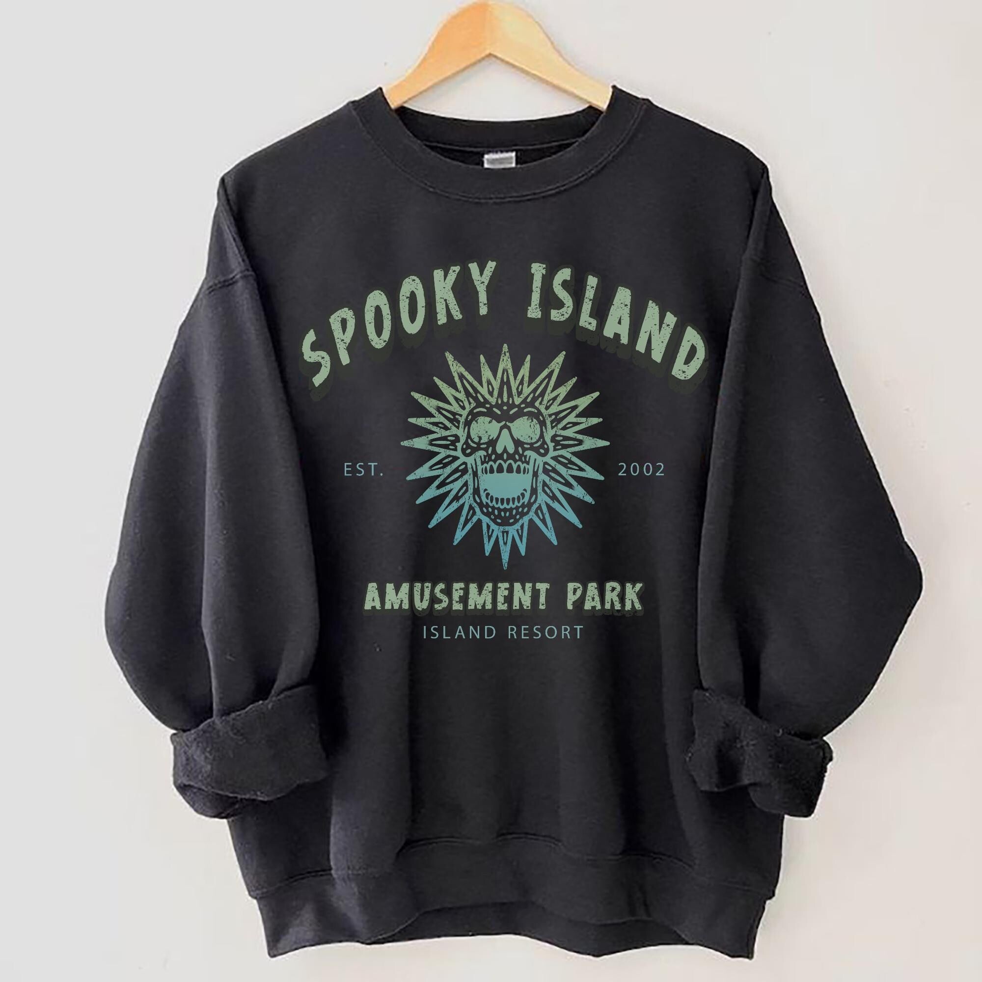 Spooky Island Crewneck Sweatshirt – Retro Halloween Disco Skull - Image 3