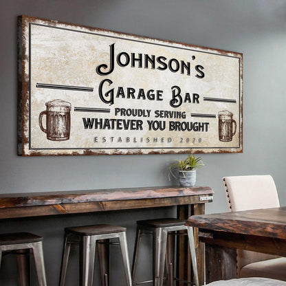Decorative sign for 'Johnson's Garage Bar' on a wall above a rustic wooden table with stools.
