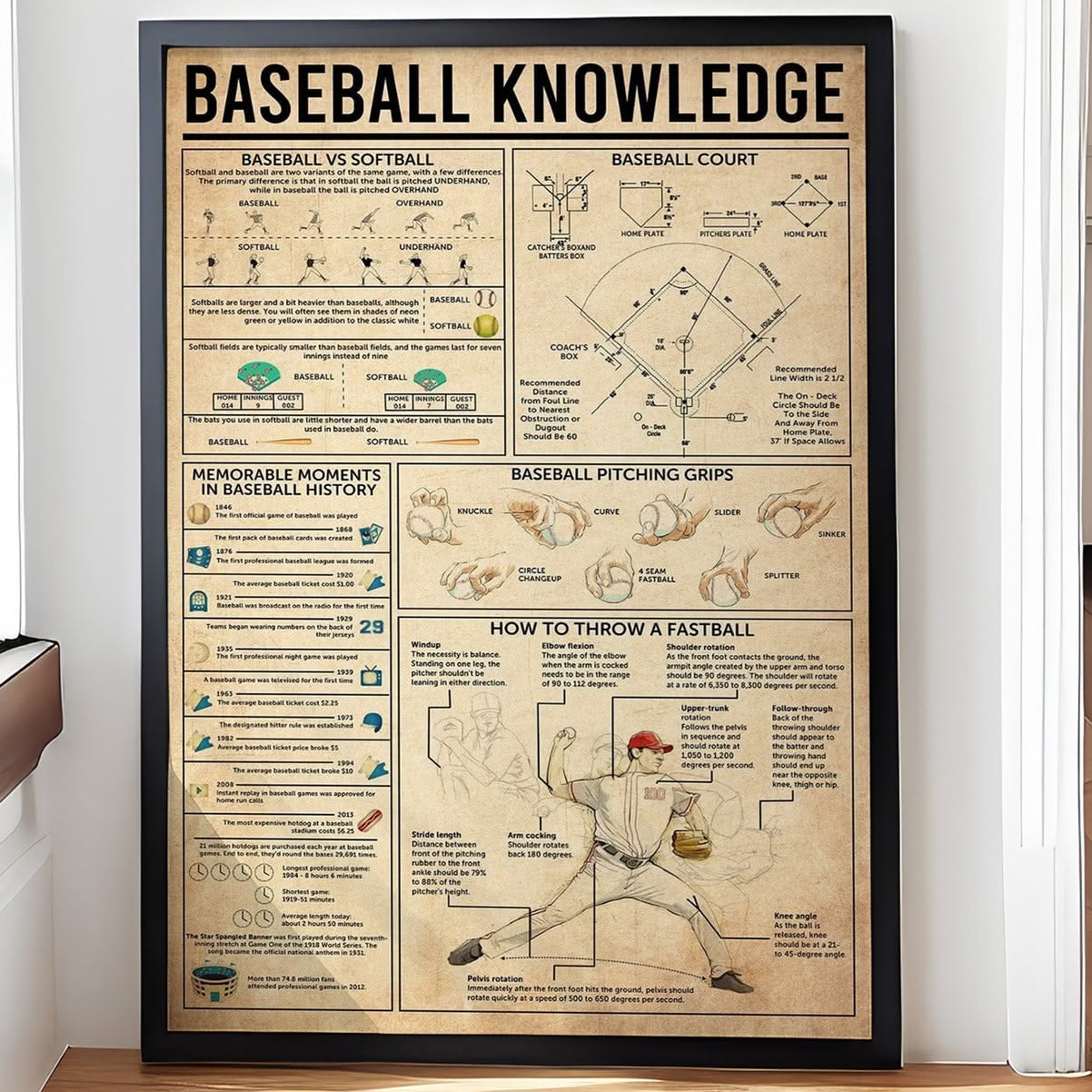 Framed poster titled 'Baseball Knowledge' on a wall.
