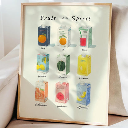 Framed artwork titled 'Fruit of the Spirit' with colorful boxes on a white background