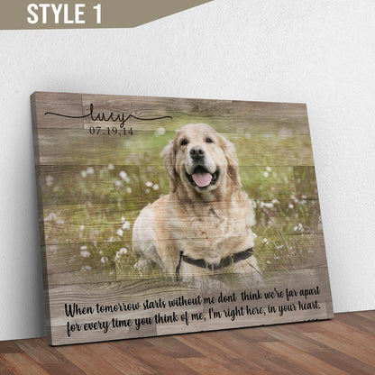 Wooden plaque with a photo of a dog and text on a wooden floor.