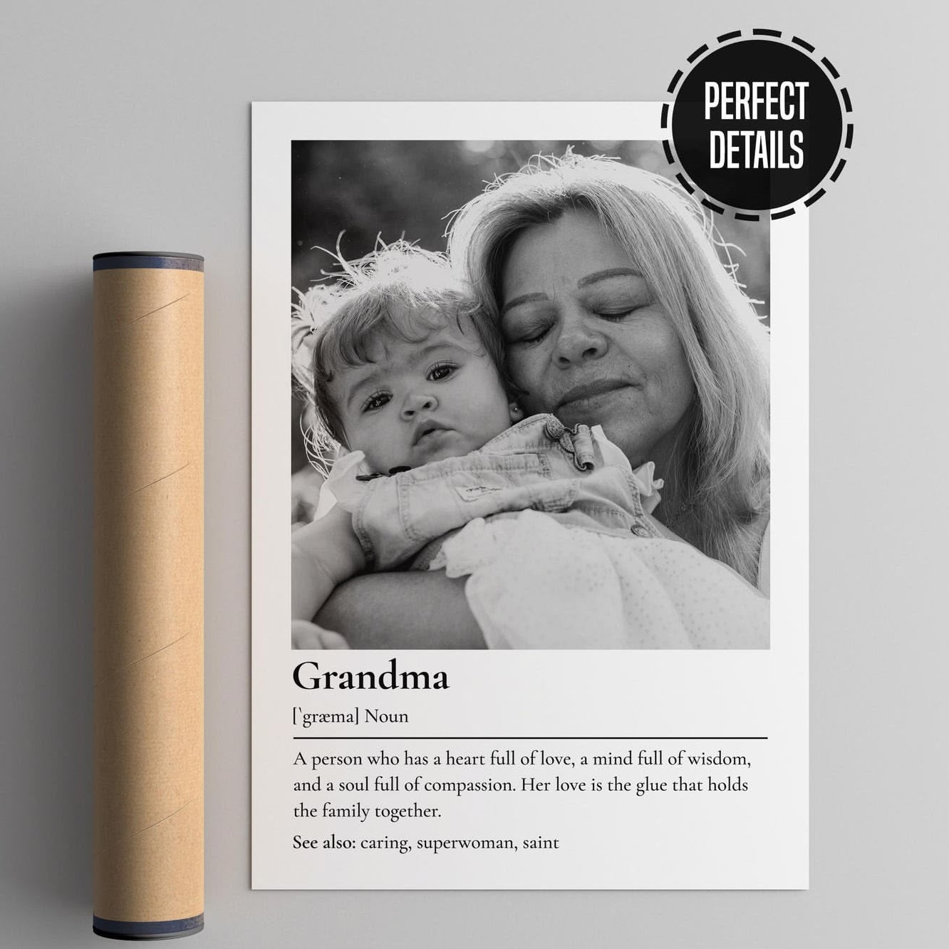 Poster with a black and white photo of a woman and child, text about 'Grandma', and a cylindrical product on a gray background.