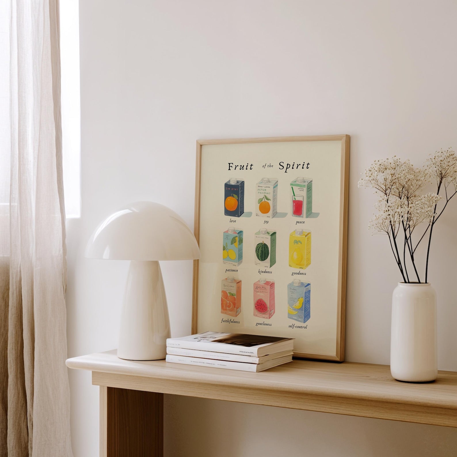Nestled corner with a lamp, books, and a framed artwork on a wooden shelf.