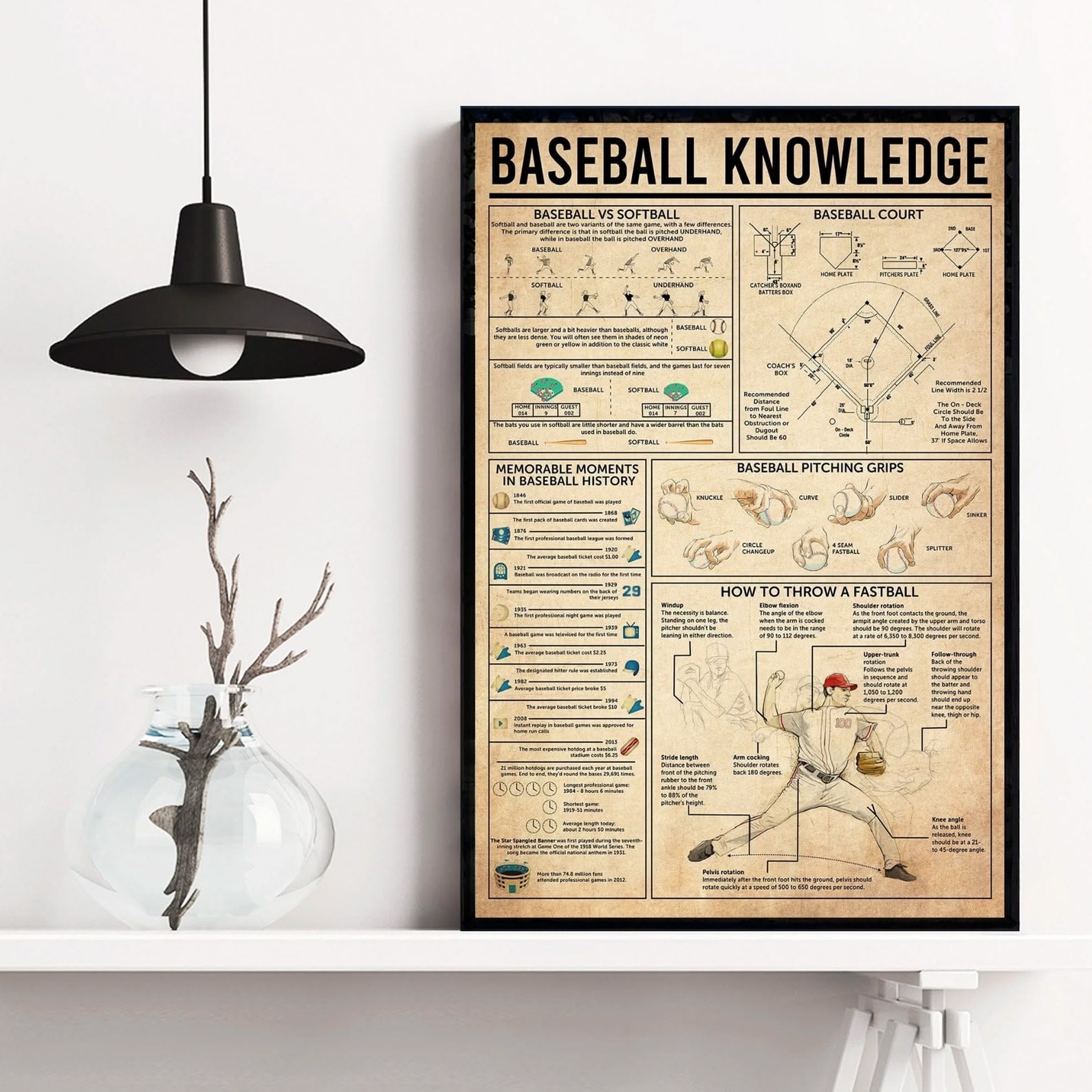 Baseball Knowledge Poster - Field Dimensions & Pitching Mechanics