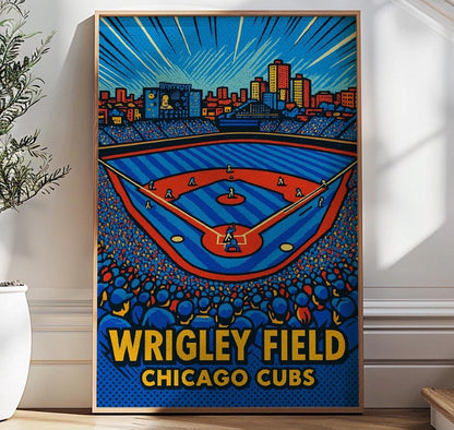 Framed artwork of Wrigley Field with Chicago Cubs logo in a home setting.