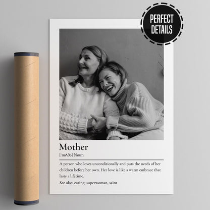 Poster with a black and white photo of two people hugging, text definition of 'Mother', and cylindrical packaging on a gray background.