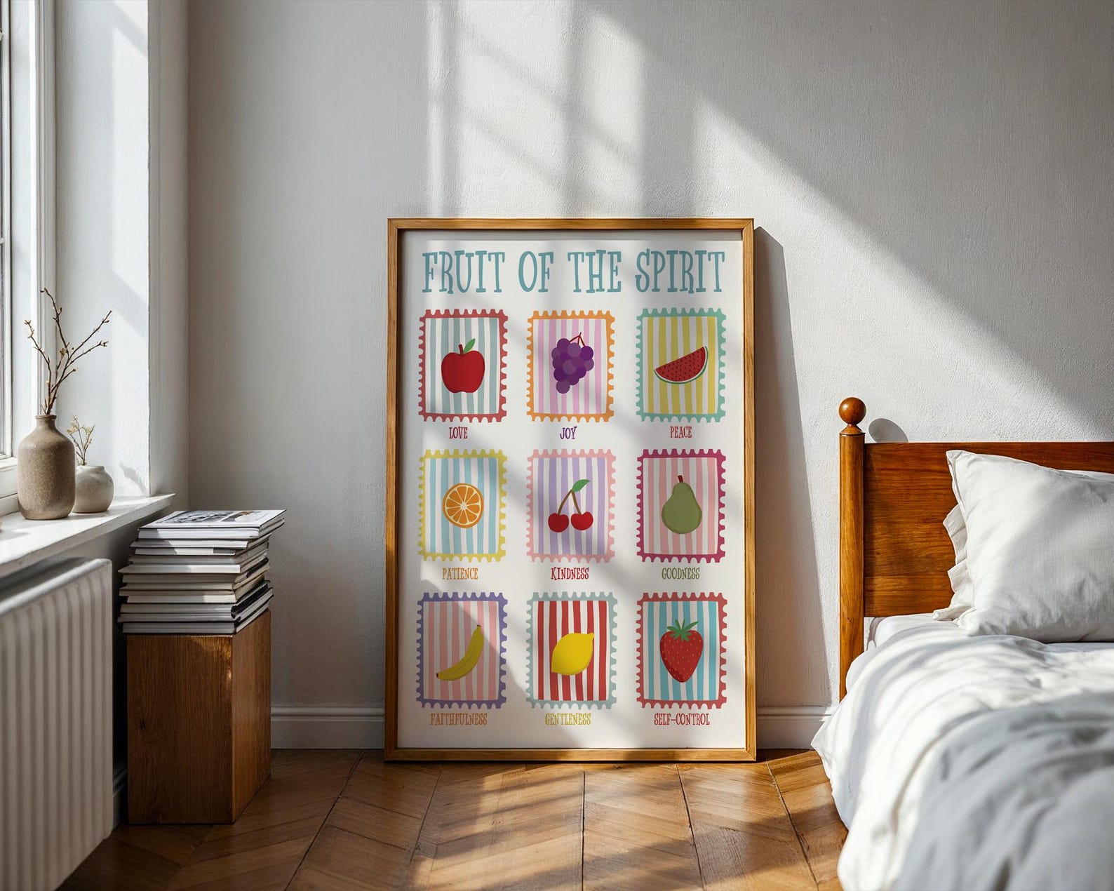 Framed artwork titled 'Fruit of the Spirit' in a bedroom setting