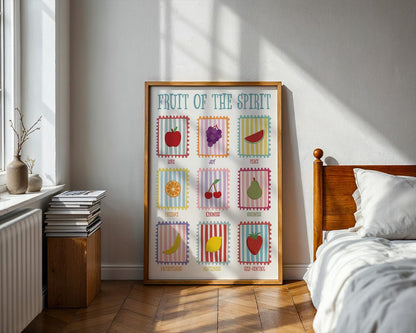 Framed artwork titled 'Fruit of the Spirit' in a bedroom setting