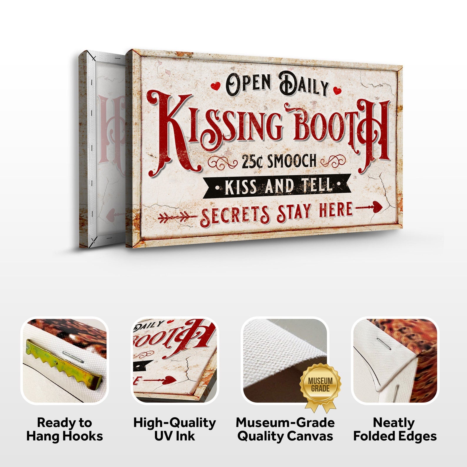 Kissing Booth Sign - Open Daily Vintage Valentine Canvas