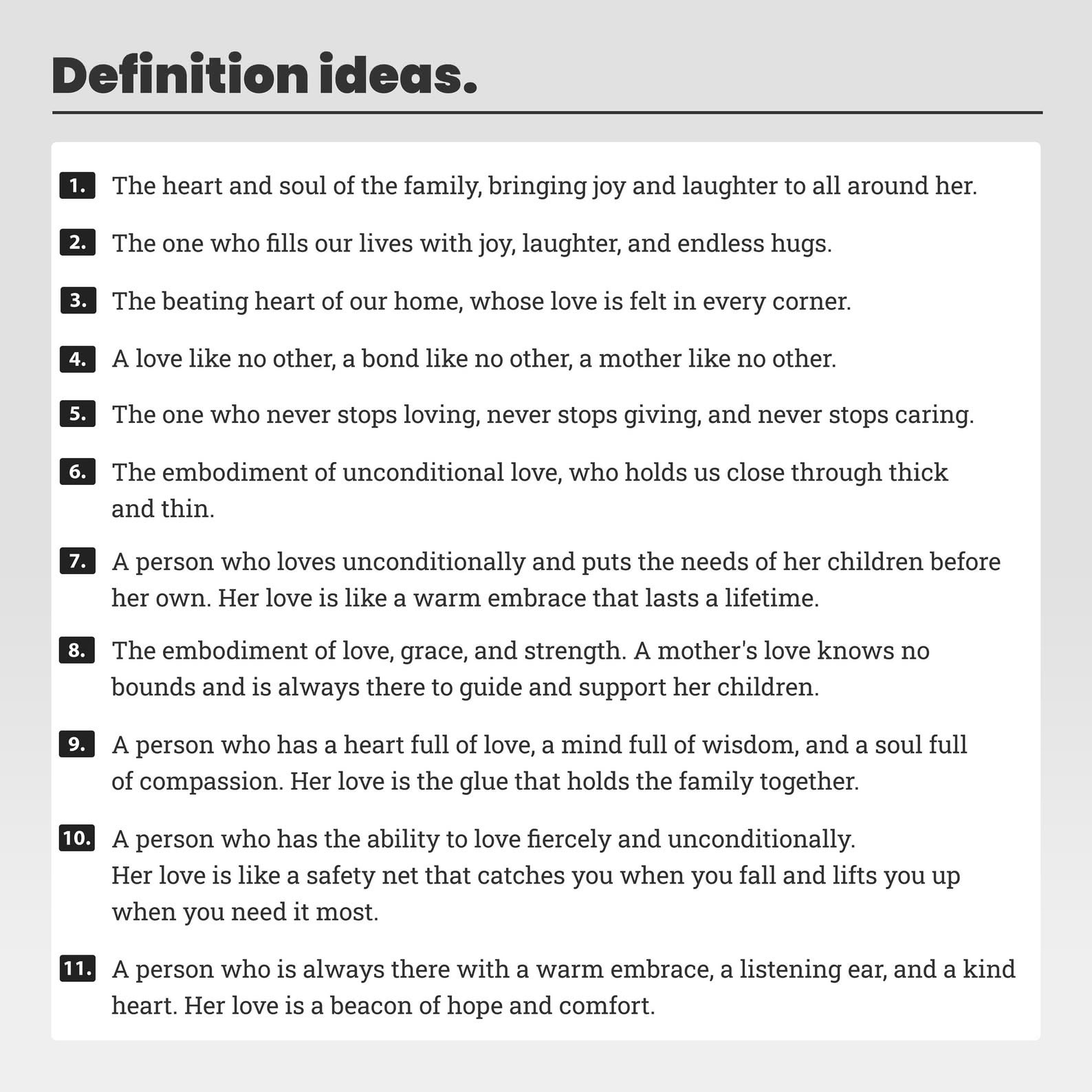Text definitions of a mother's role and qualities on a white background