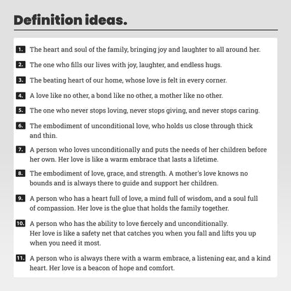 Text definitions of a mother's role and qualities on a white background