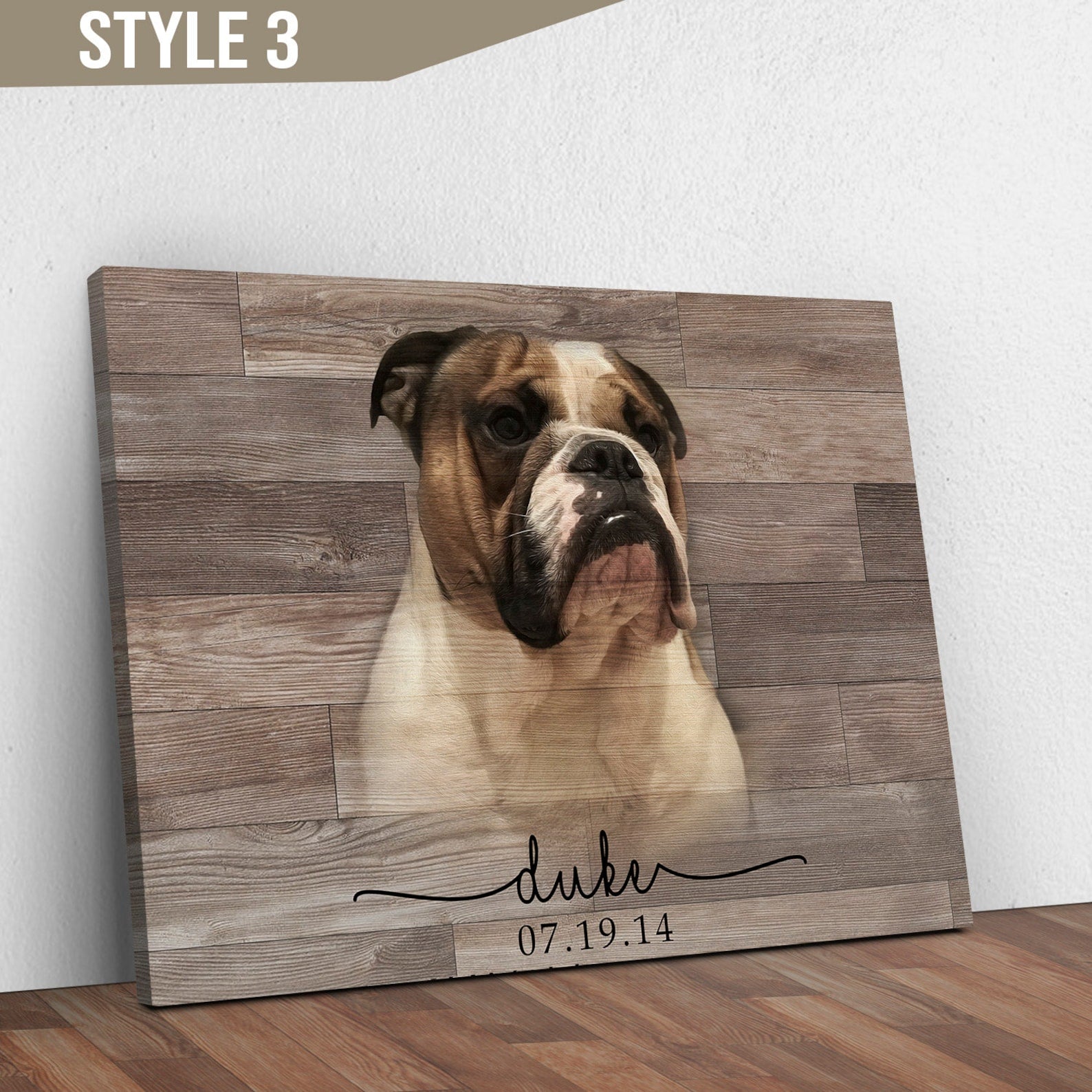 Wooden plaque with a dog's face and name 'Duke' on a white wall.