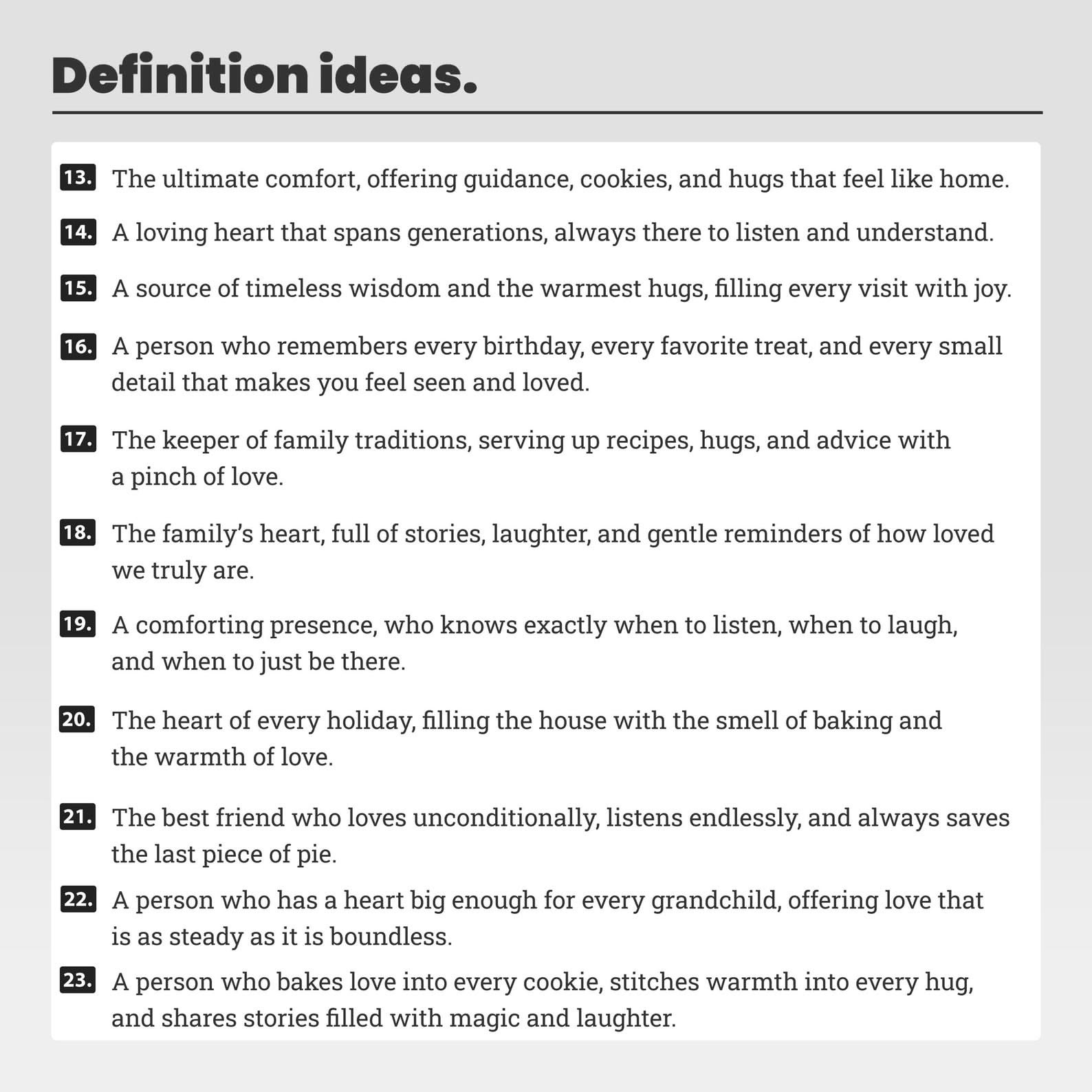 Text list of definitions for a loving figure, likely a grandmother, with a gray background.