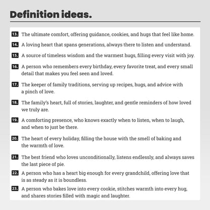 Text list of definitions for a loving figure, likely a grandmother, with a gray background.