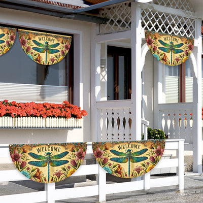 Dragonfly Welcome Non-Pleated Fan Flag for Outdoor Home Decor