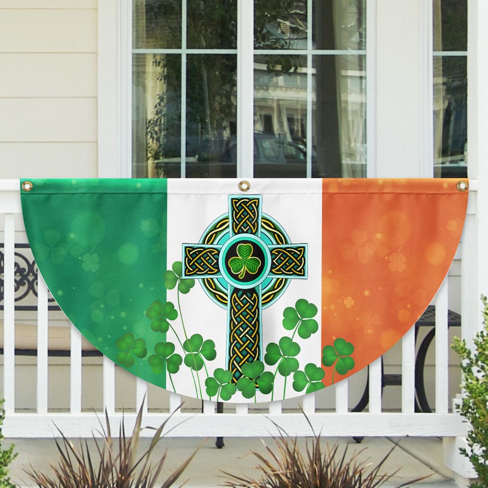 Irish Celtic Knot Cross Shamrocks Non-Pleated Fan Flag