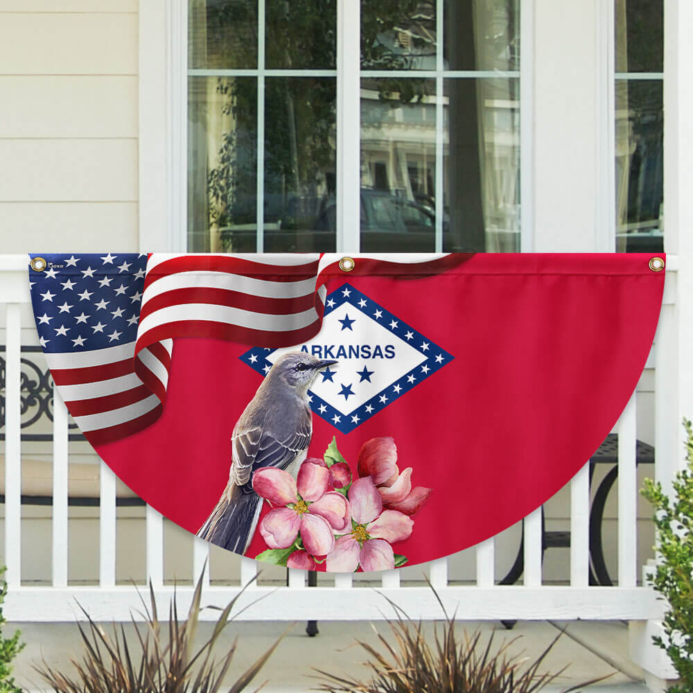 Arkansas State Apple Blossom Flower and Mockingbird Non-Pleated Fan Flag