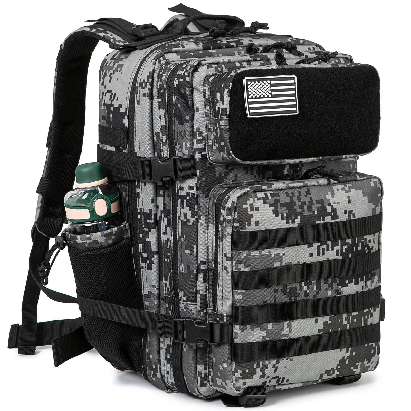 Digital camouflage backpack with American flag patch on a white background