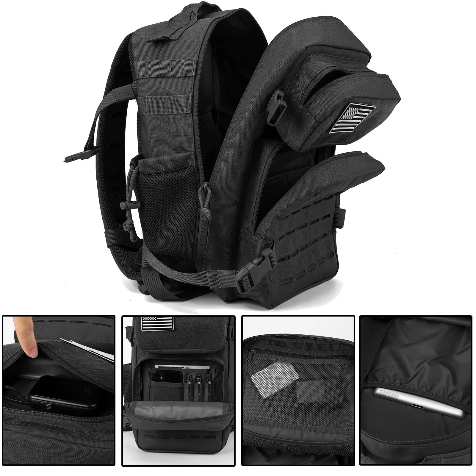 25L tactical hiking backpack features - MOLLE webbing, water bottle holders, padded straps for camping